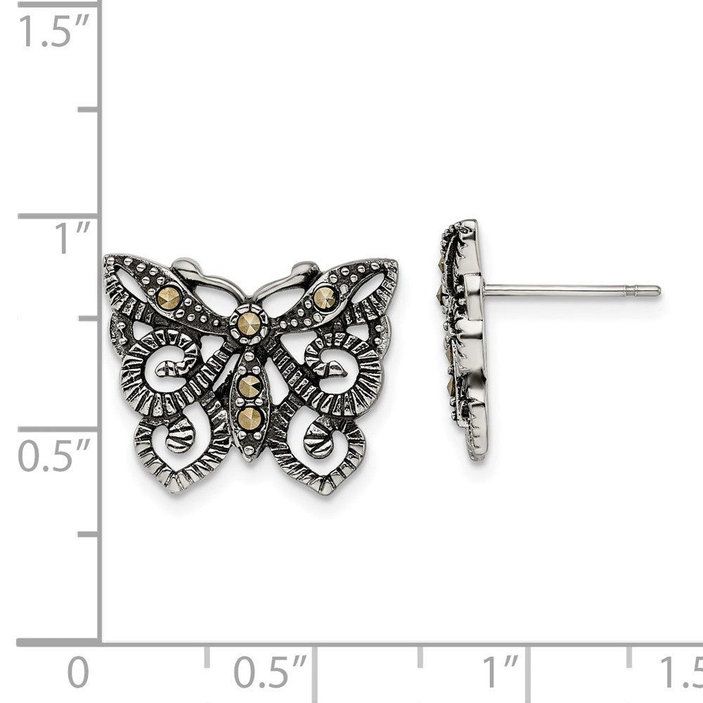 Stainless Steel Antiqued and Polished Marcasite Butterfly Post Earrings