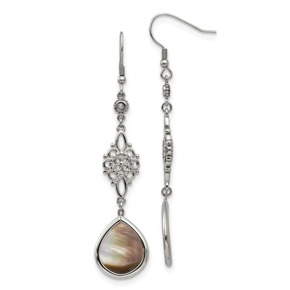 Chisel Stainless Steel Polished Black Mother of Pearl and CZ Dangle Shepherd Hook Earrings