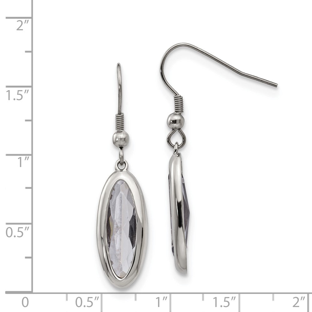 Chisel Stainless Steel Polished Grey Glass Oval Dangle Shepherd Hook Earrings