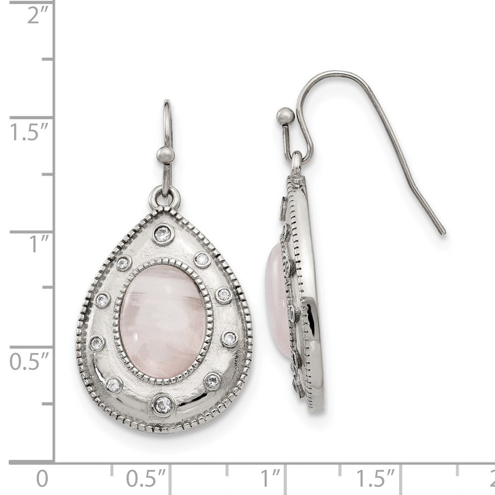 Stainless Steel Polished Rose Quartz and CZ Shepherd Hook Earrings