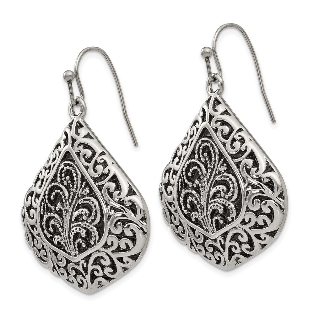 Chisel Stainless Steel Antiqued Polished and Textured Shepherd Hook Earrings