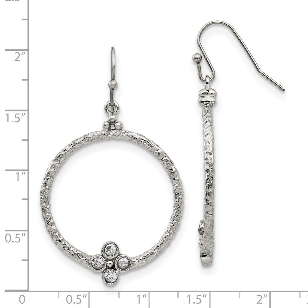 Stainless Steel Polished and Textured w/CZ Shepherd Hook Earrings