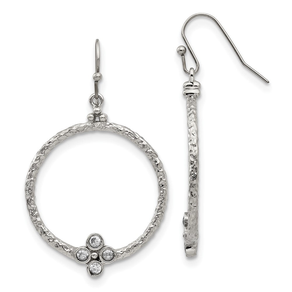 Stainless Steel Polished and Textured w/CZ Shepherd Hook Earrings