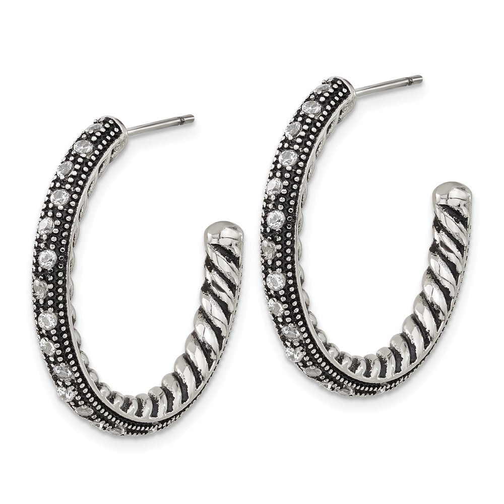 Stainless Steel Polished & Antiqued CZ Post Hoop Earrings