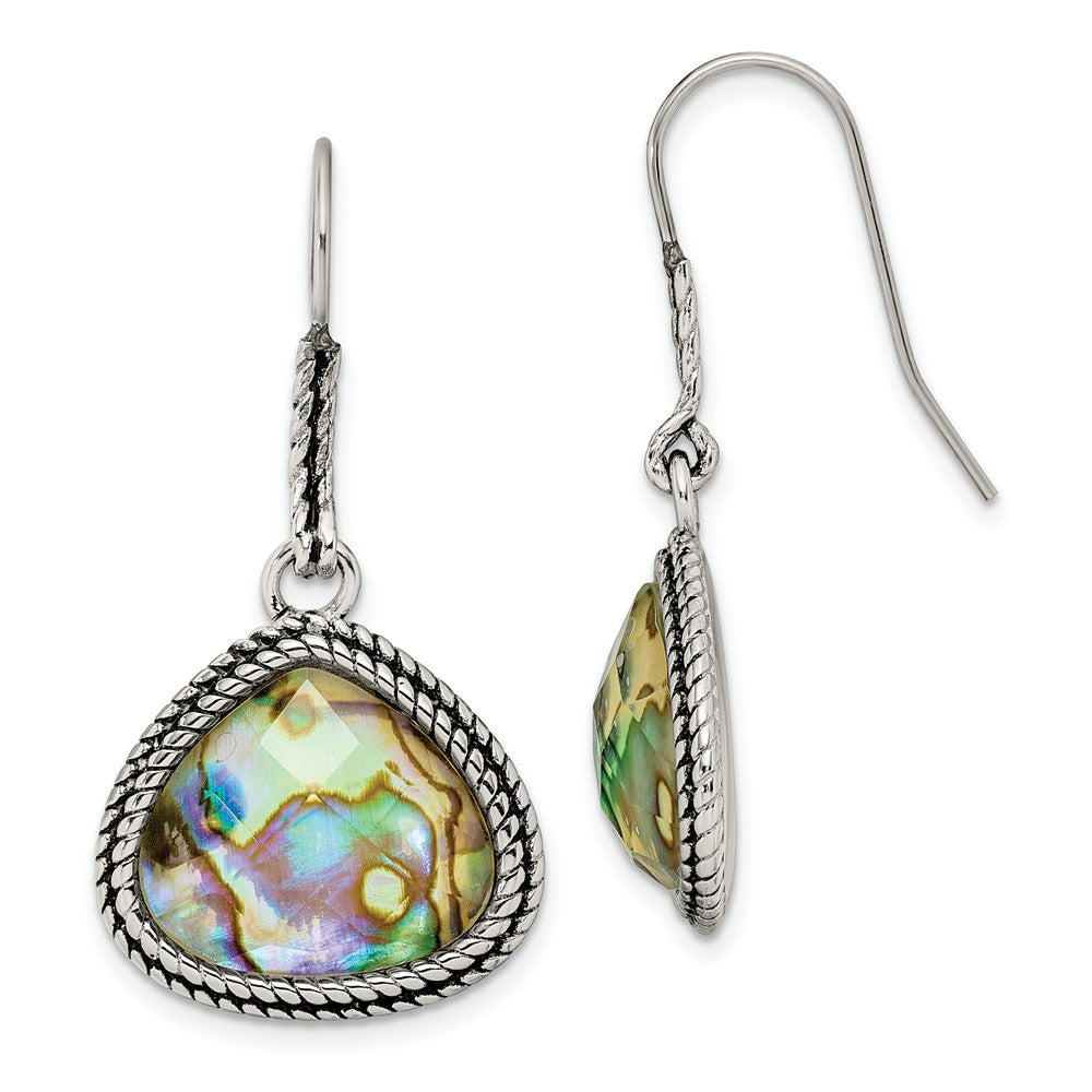 Stainless Steel Antiqued and Polished Imitation Abalone Dangle Earrings