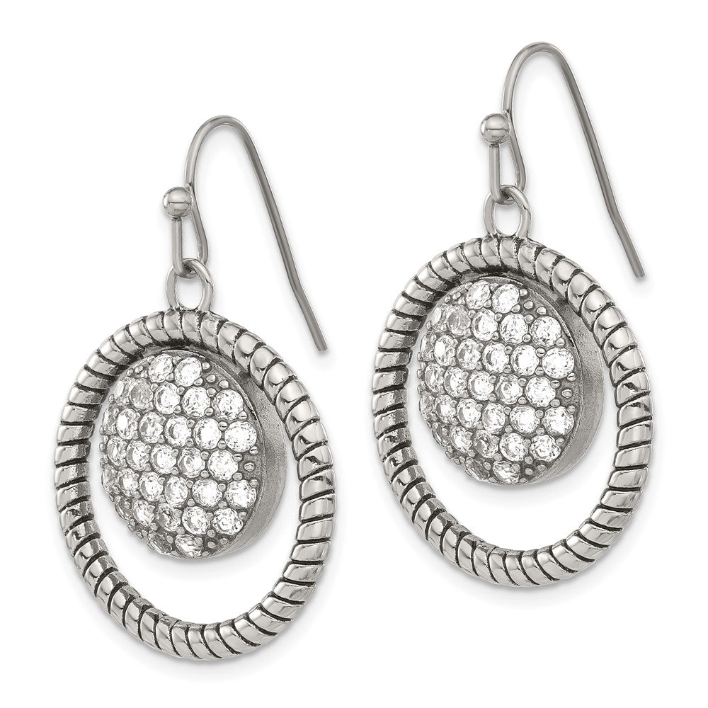 Stainless Steel Polished & Antiqued CZ Circle Dangle Earrings