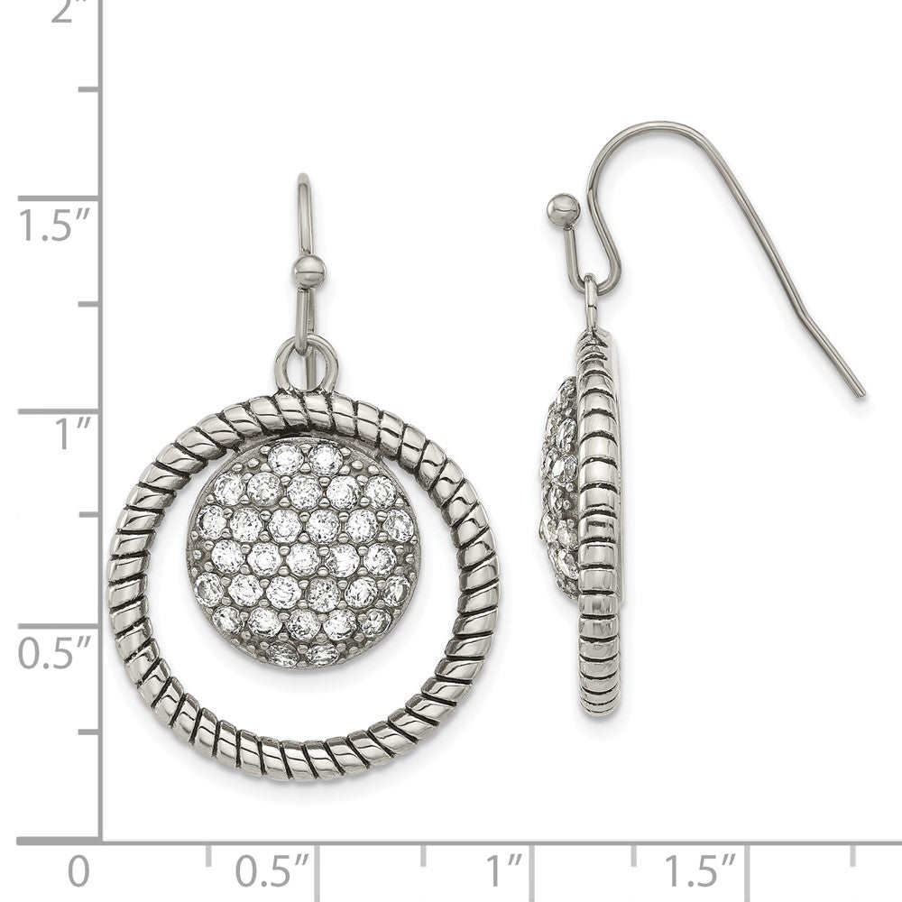 Stainless Steel Polished & Antiqued CZ Circle Dangle Earrings