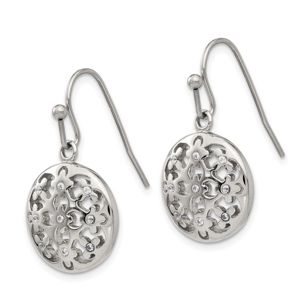 Stainless Steel Polished w/CZ Circle w/Flowers Shepherd Hook Earrings