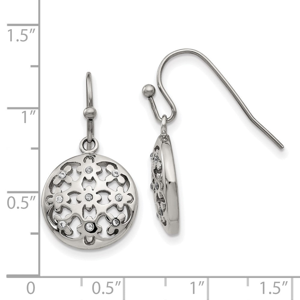 Stainless Steel Polished w/CZ Circle w/Flowers Shepherd Hook Earrings