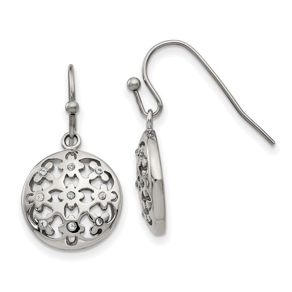 Stainless Steel Polished w/CZ Circle w/Flowers Shepherd Hook Earrings