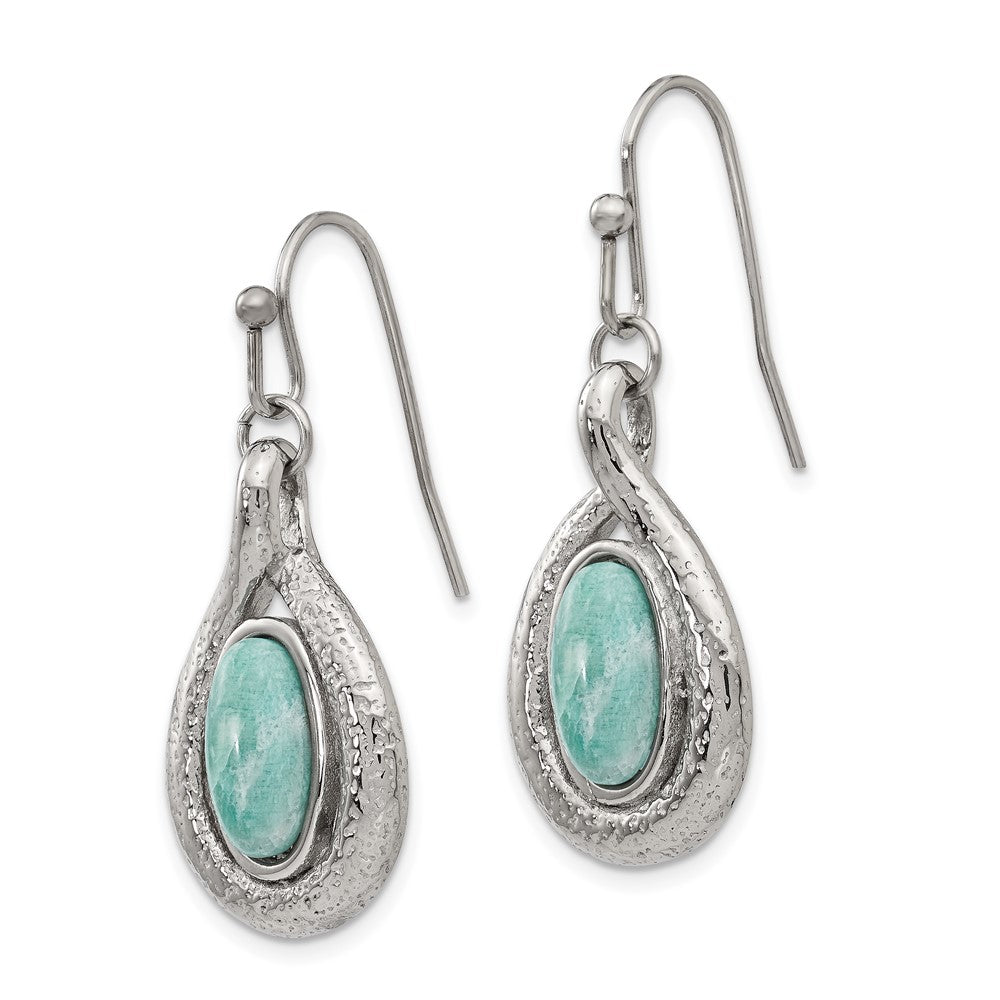 Stainless Steel Polished and Textured Dyed Synthetic Green Jade Earrings