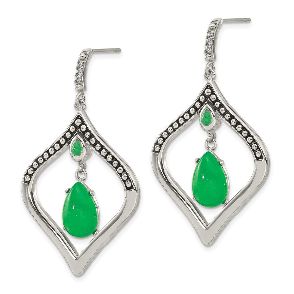 Stainless Steel Polished/Antiqued Syn. Dyed Jade & CZ  Post Dangle Earrings