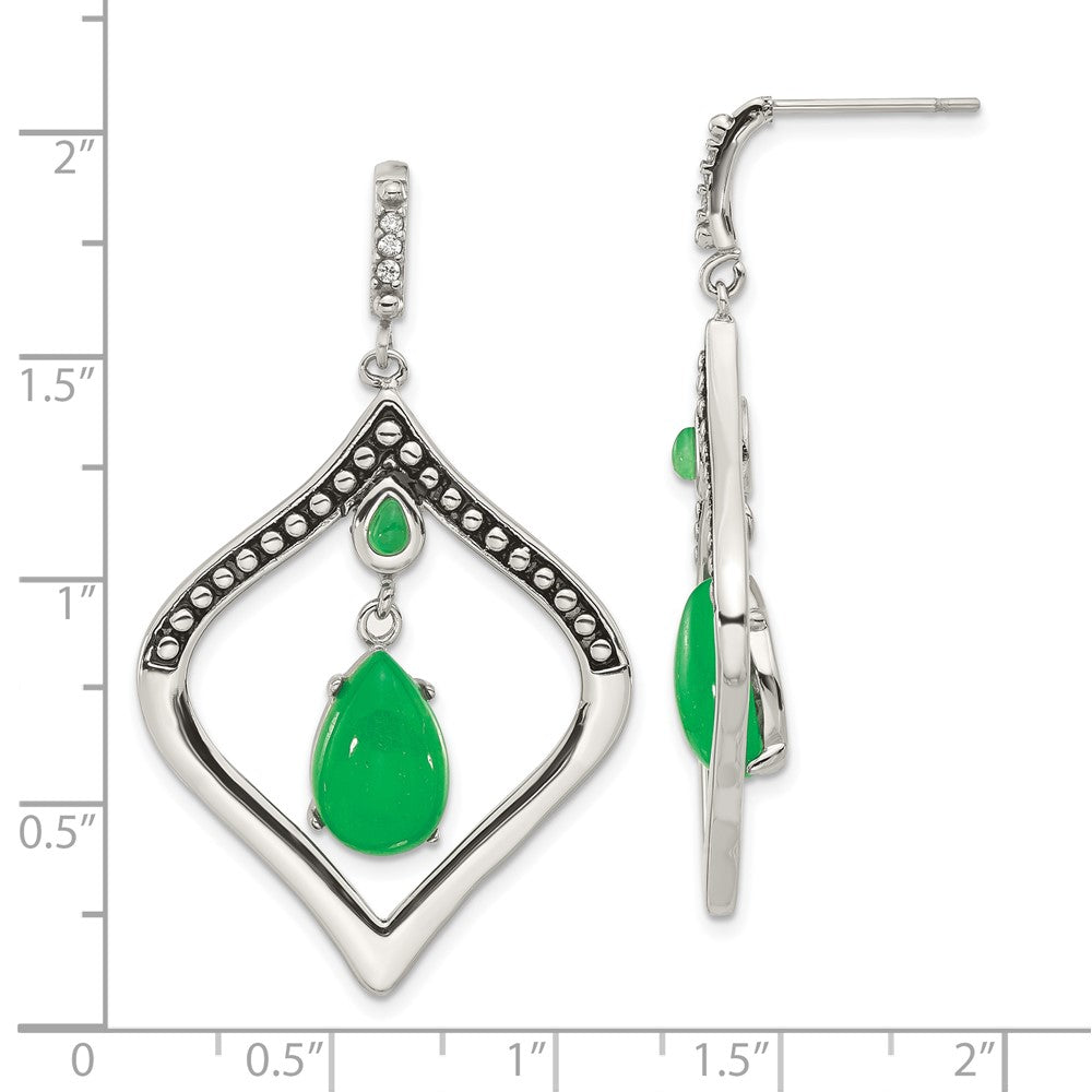 Stainless Steel Polished/Antiqued Syn. Dyed Jade & CZ  Post Dangle Earrings