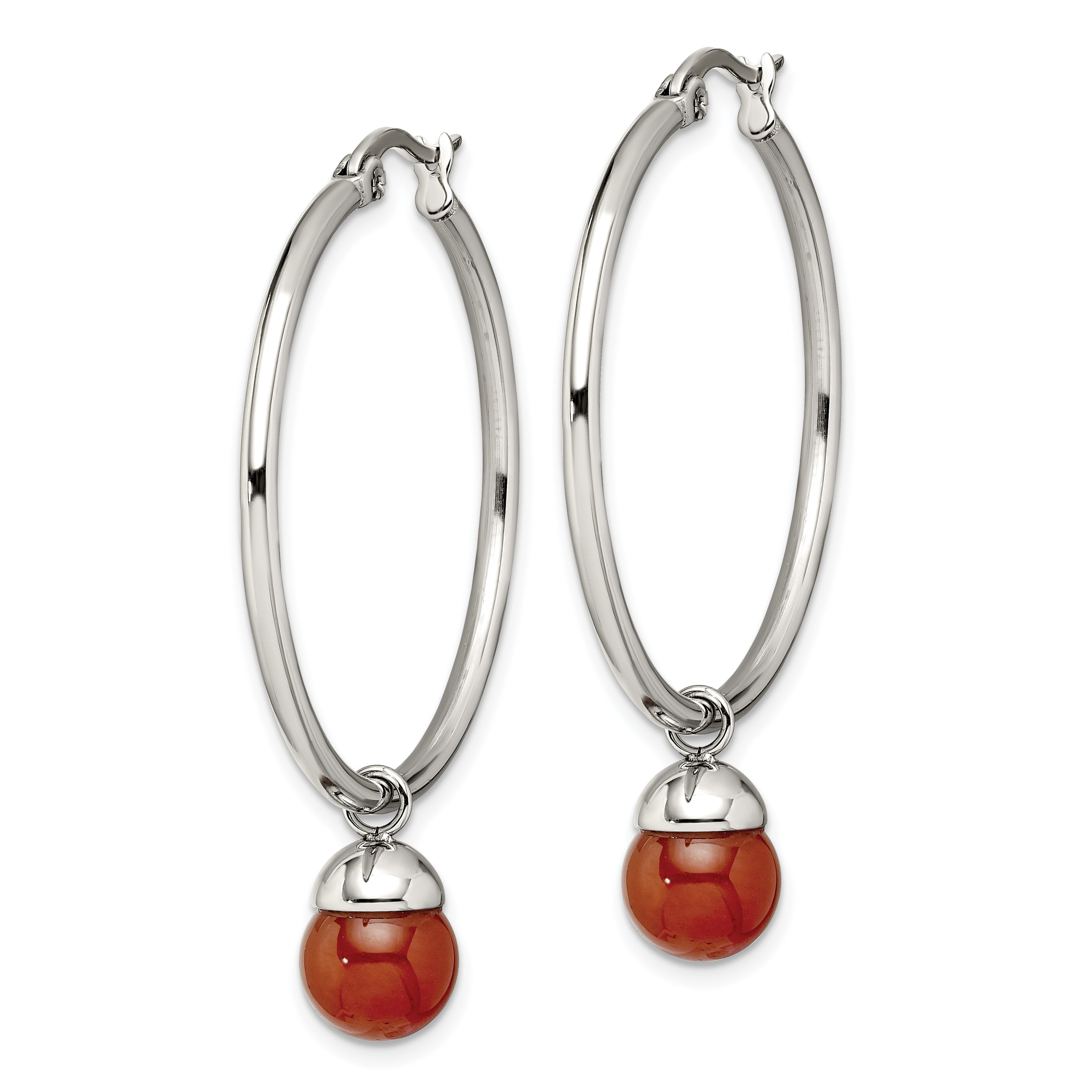 Stainless Steel Polished Hoop w/Red Agate Bead Earrings SRE801