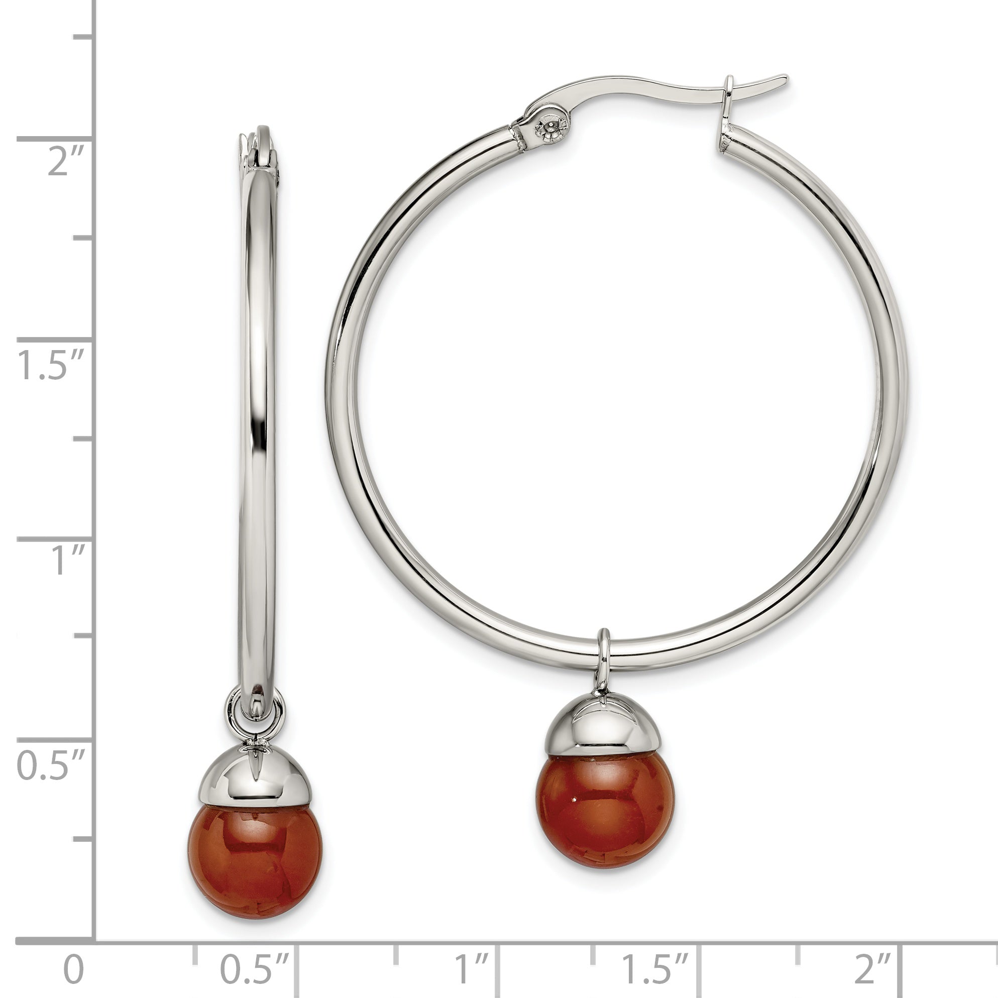 Stainless Steel Polished Hoop w/Red Agate Bead Earrings SRE801