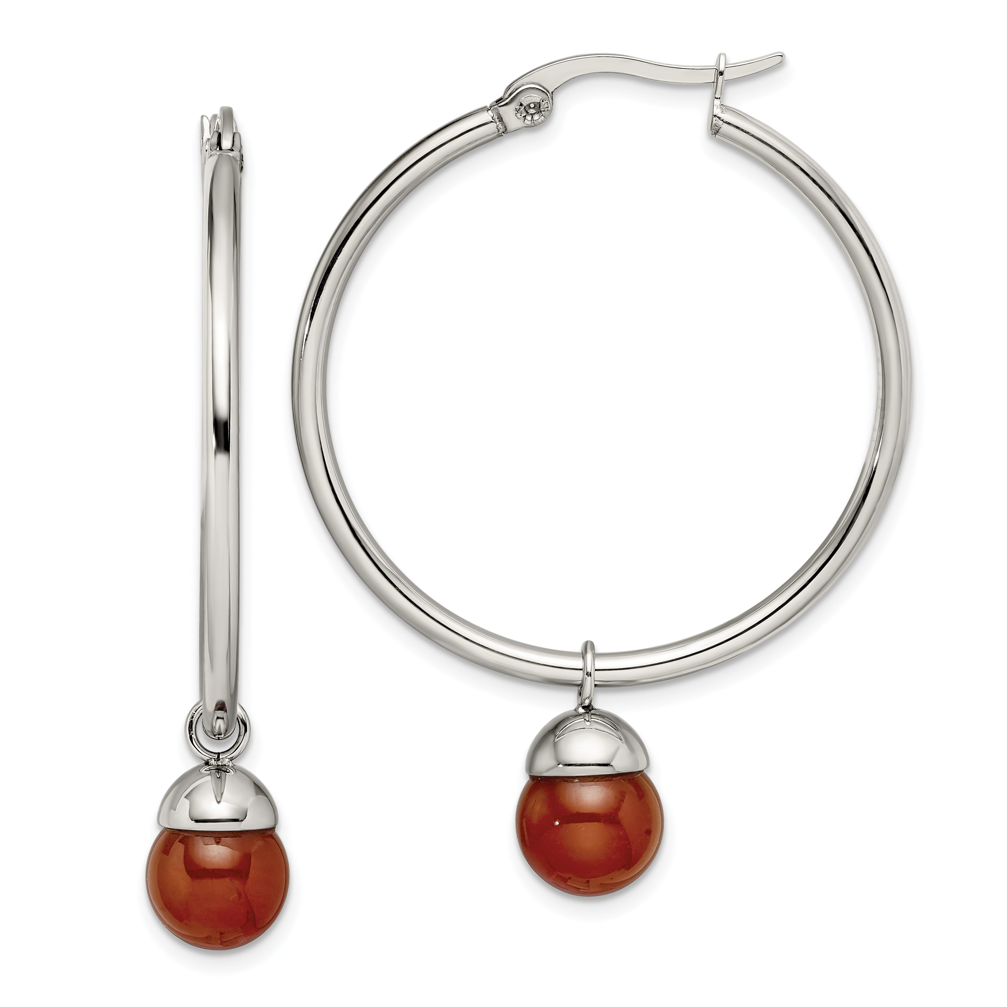 Stainless Steel Polished Hoop w/Red Agate Bead Earrings SRE801