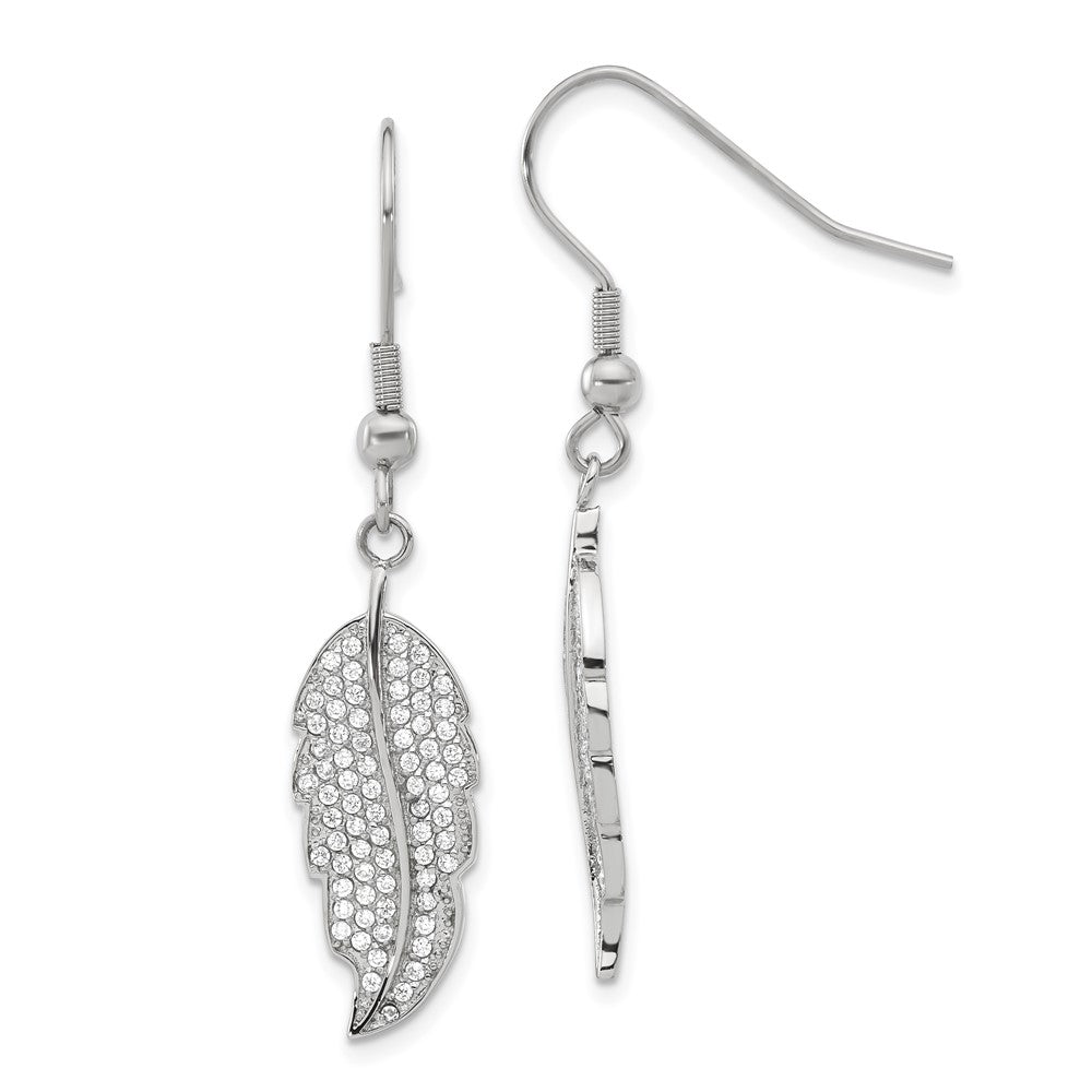 Stainless Steel Polished CZ Leaf Shepherd Hook Dangle Earrings