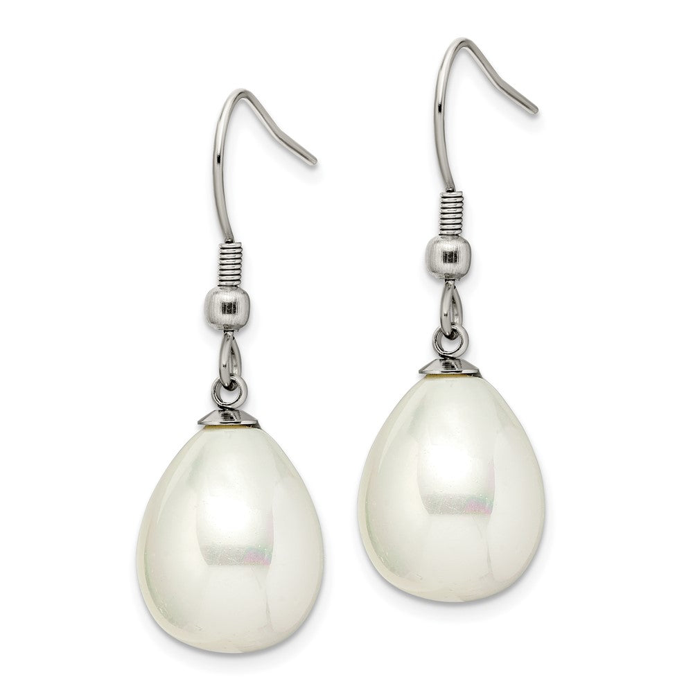 Chisel Stainless Steel Polished Shell Pearl Dangle Shepherd Hook Earrings