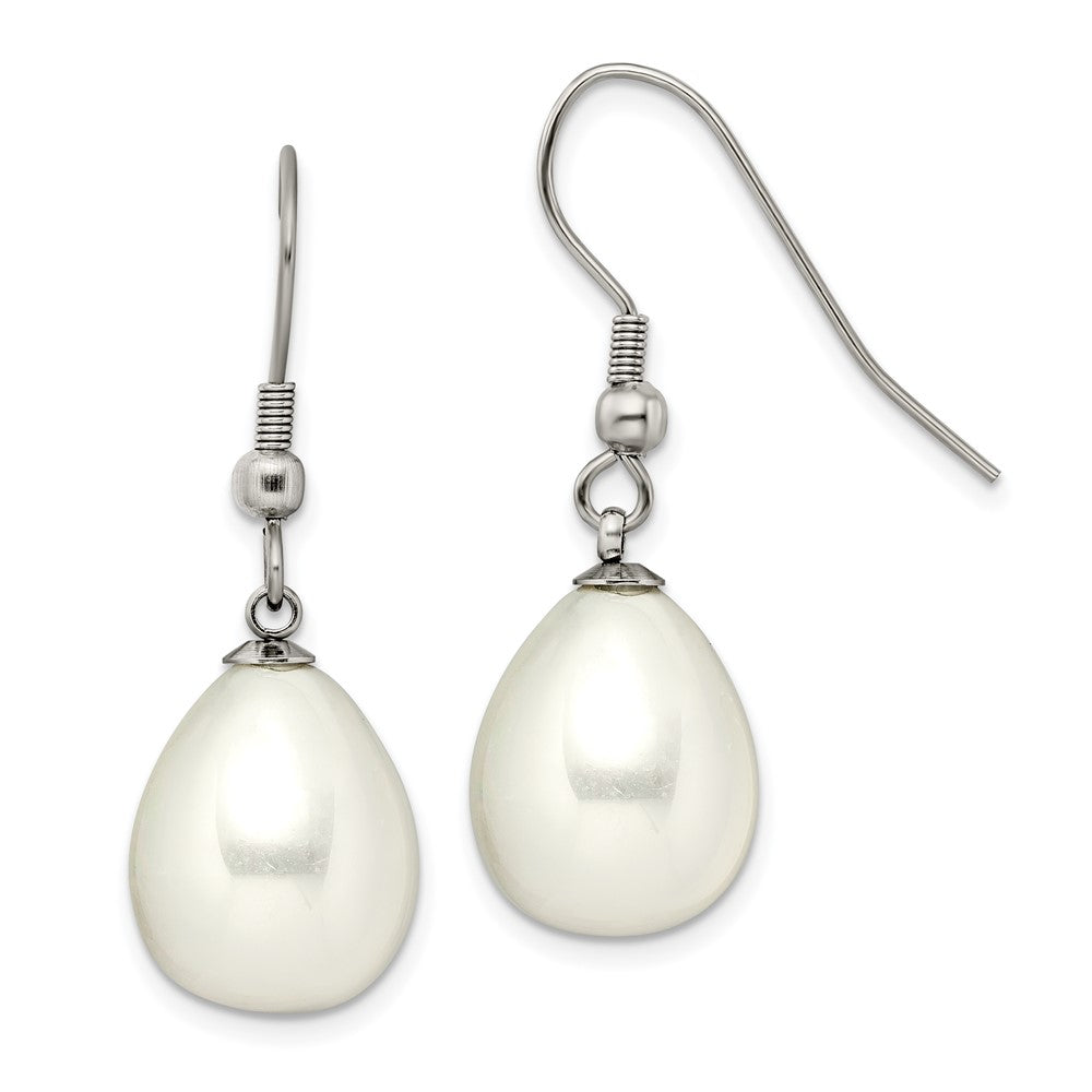 Chisel Stainless Steel Polished Shell Pearl Dangle Shepherd Hook Earrings