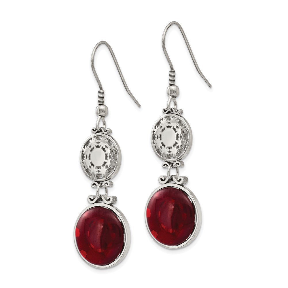 Stainless Steel Polished w/Red Glass Dangle Shepherd Hook Earrings