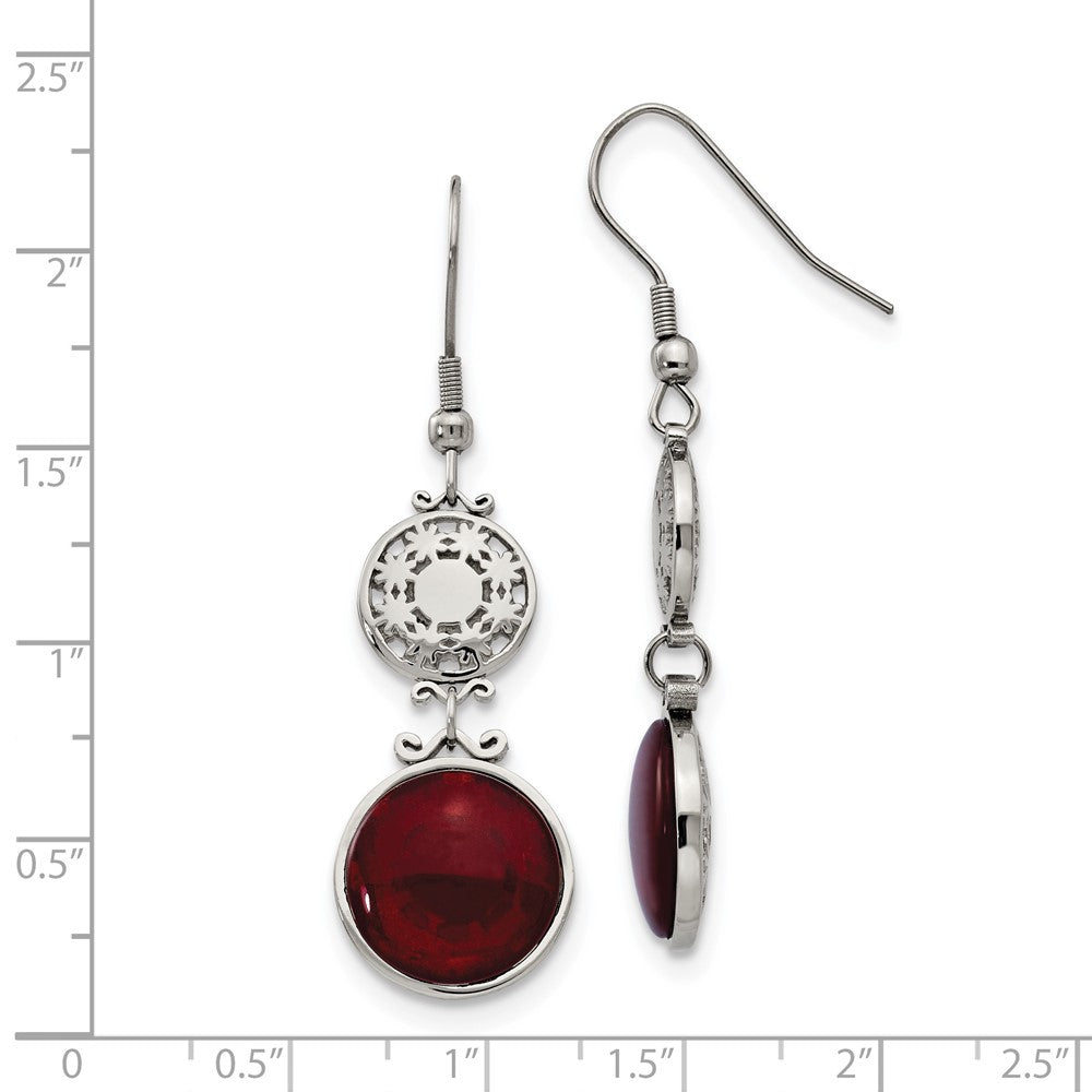 Stainless Steel Polished w/Red Glass Dangle Shepherd Hook Earrings