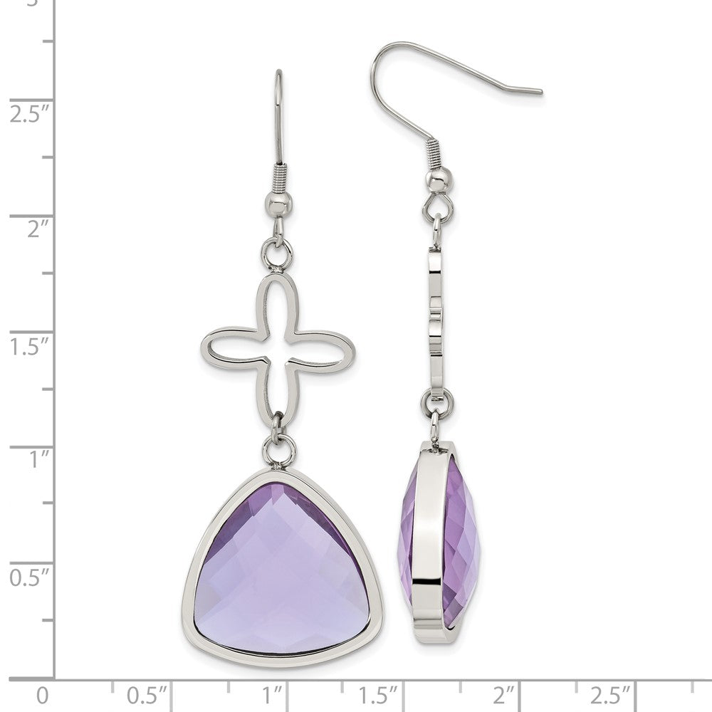 Stainless Steel Polished Flower Purple Glass Shepherd Hook Earrings