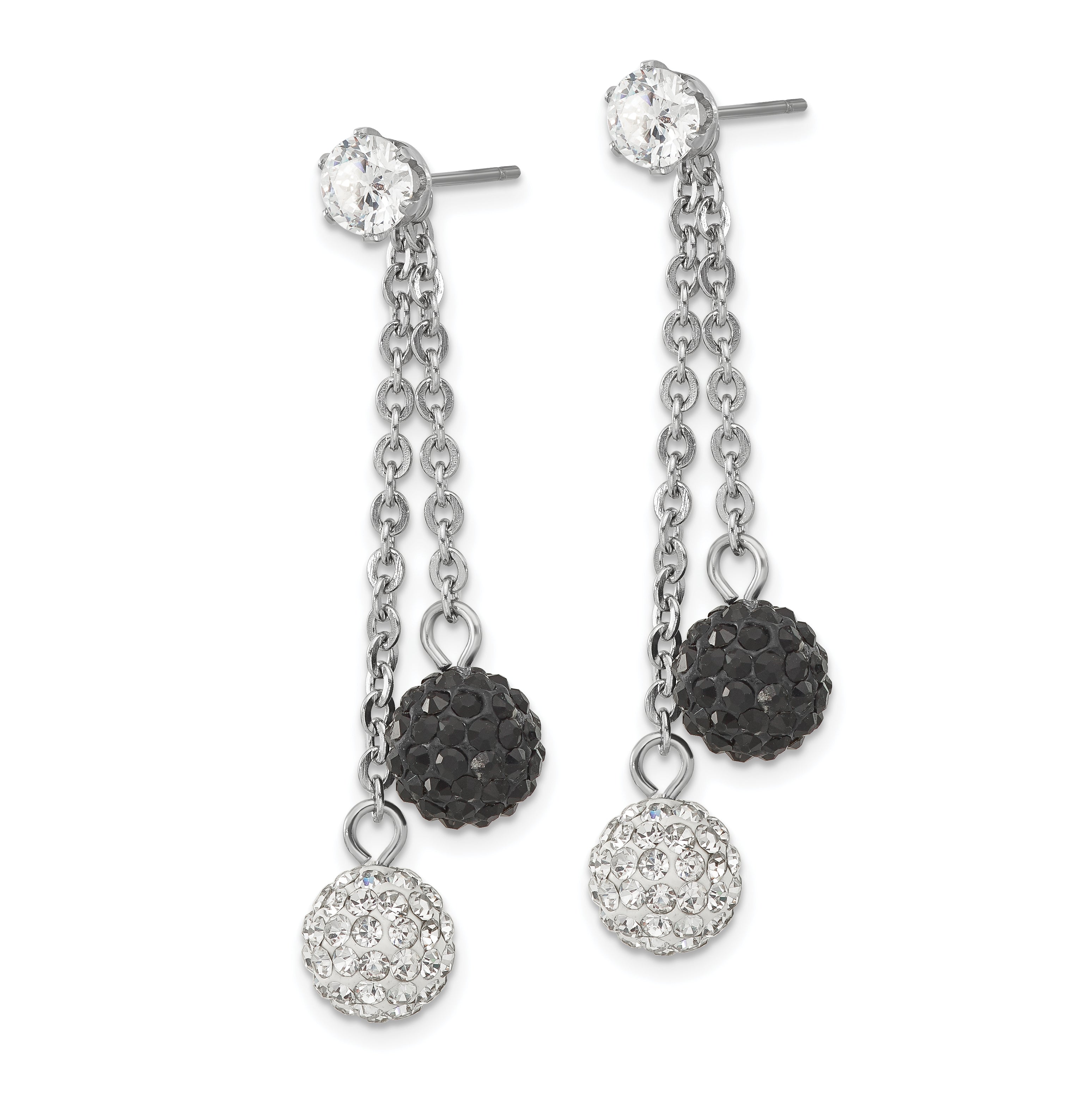 Stainless Steel Polished Black and White Crystal Post Dangle Earrings SRE848