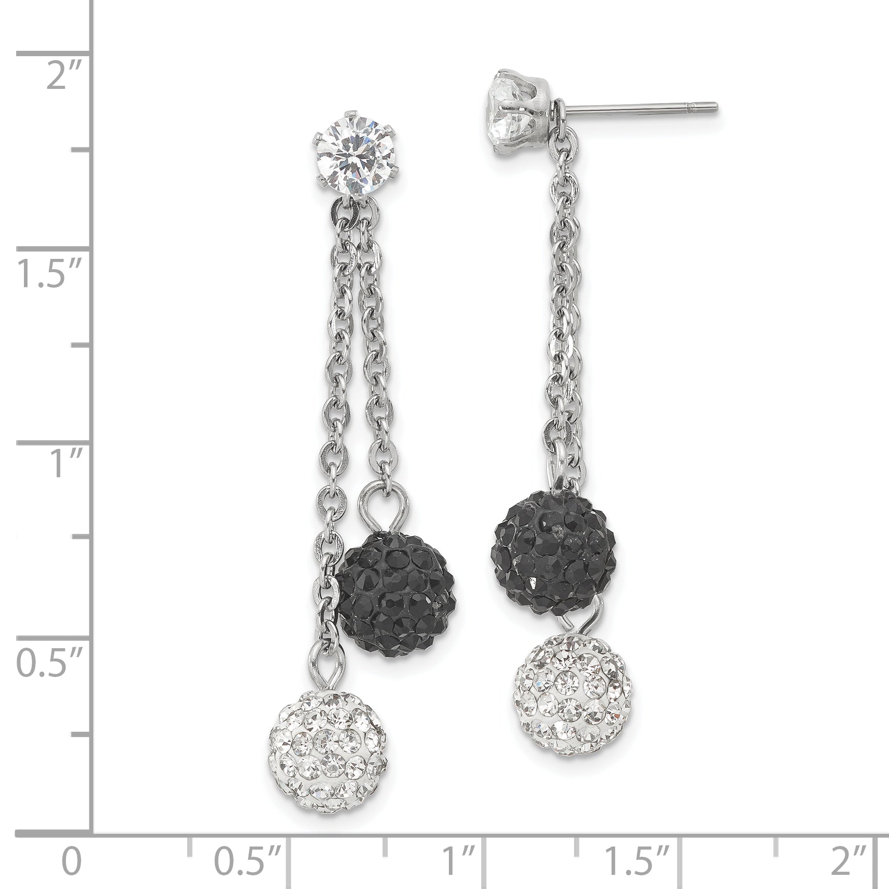 Stainless Steel Polished Black and White Crystal Post Dangle Earrings SRE848