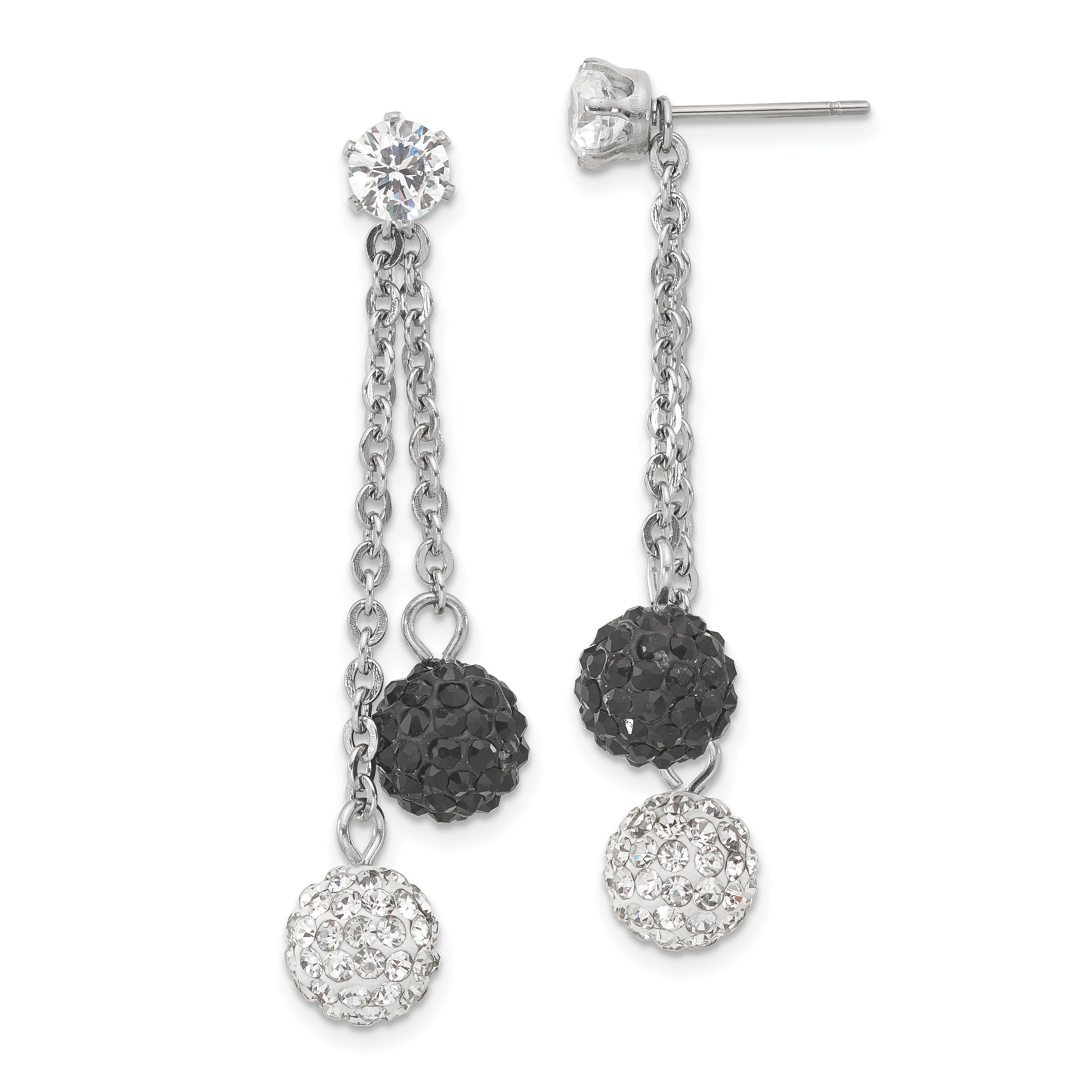 Stainless Steel Polished Black and White Crystal Post Dangle Earrings SRE848