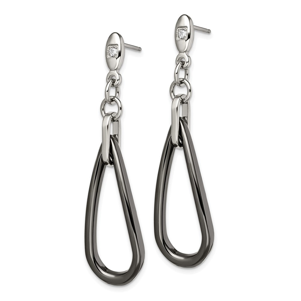 Chisel Stainless Steel Polished with Black Ceramic and CZ Dangle Post Earrings