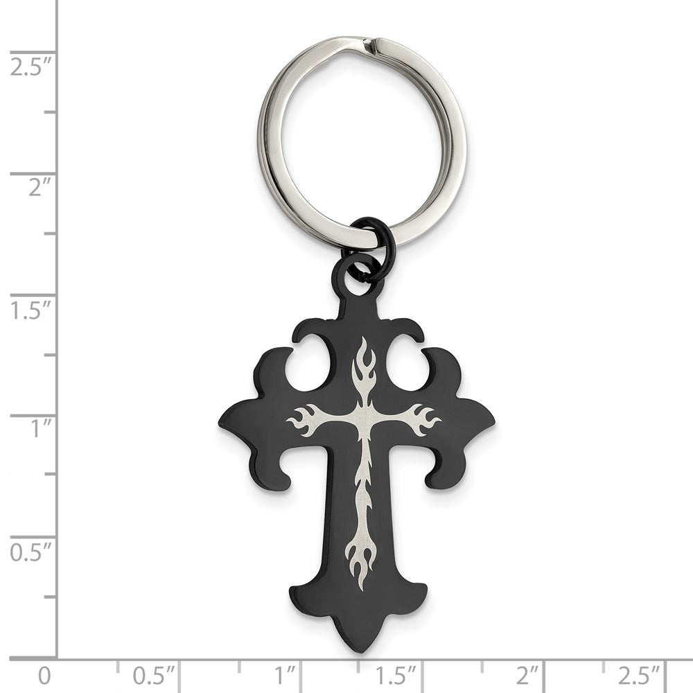 Chisel Stainless Steel Polished Black IP-plated Cross Key Ring