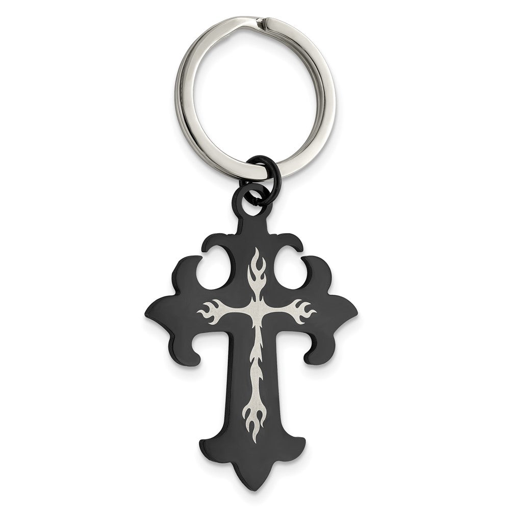 Chisel Stainless Steel Polished Black IP-plated Cross Key Ring