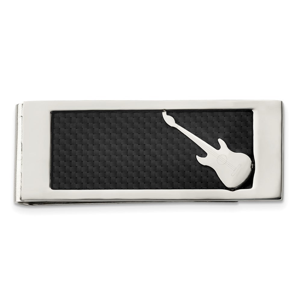 Chisel Stainless Steel Polished Black Carbon Fiber Inlay Guitar Money Clip