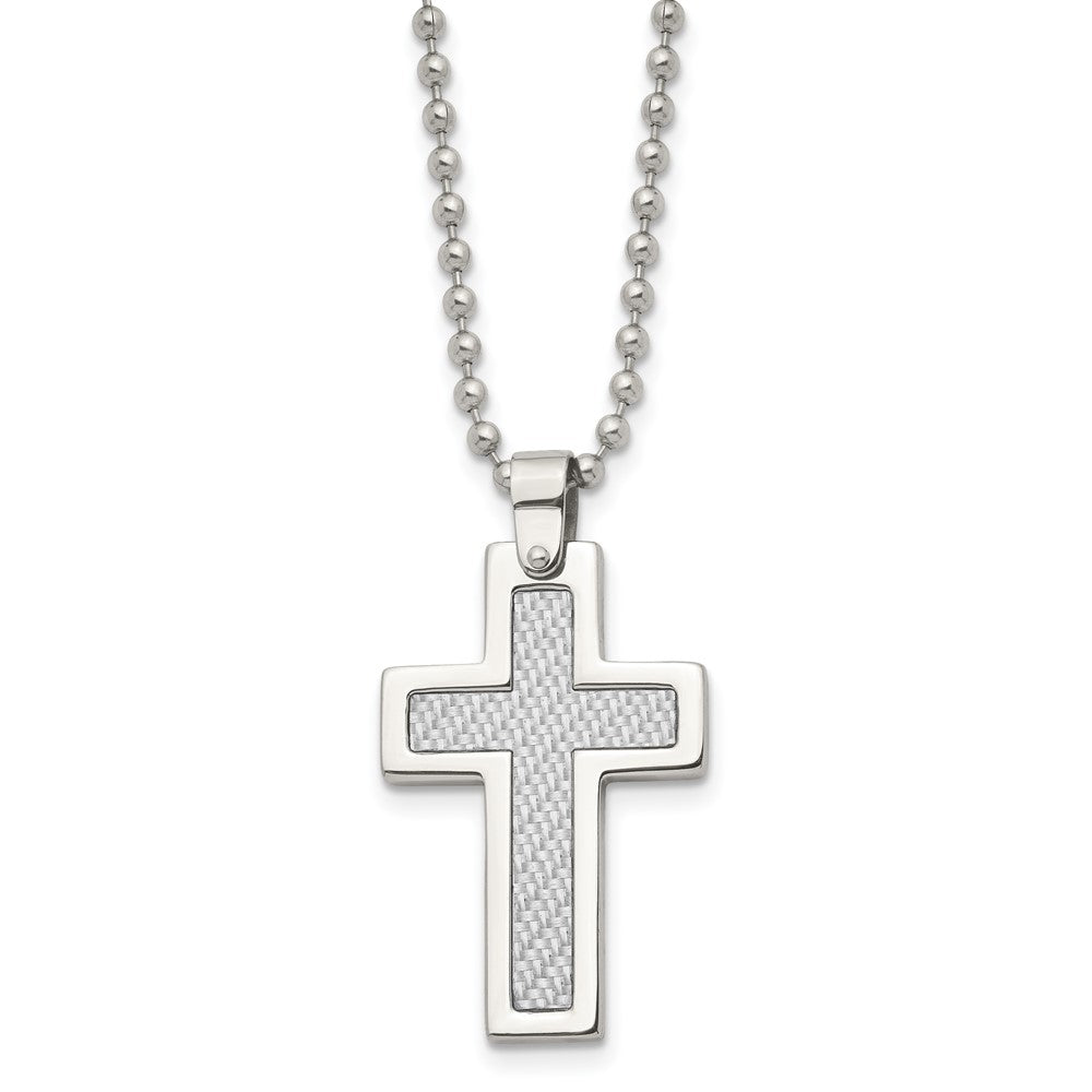 Chisel Stainless Steel Polished with Grey Carbon Fiber Inlay Cross Pendant on a 22 inch Ball Chain Necklace