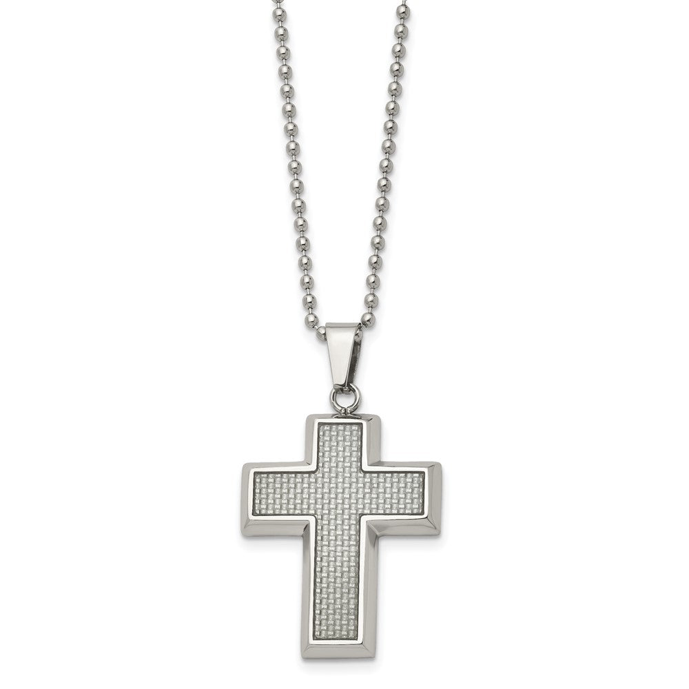 Chisel Stainless Steel Polished with Grey Carbon Fiber Inlay Cross Pendant on a 22 inch Ball Chain Necklace