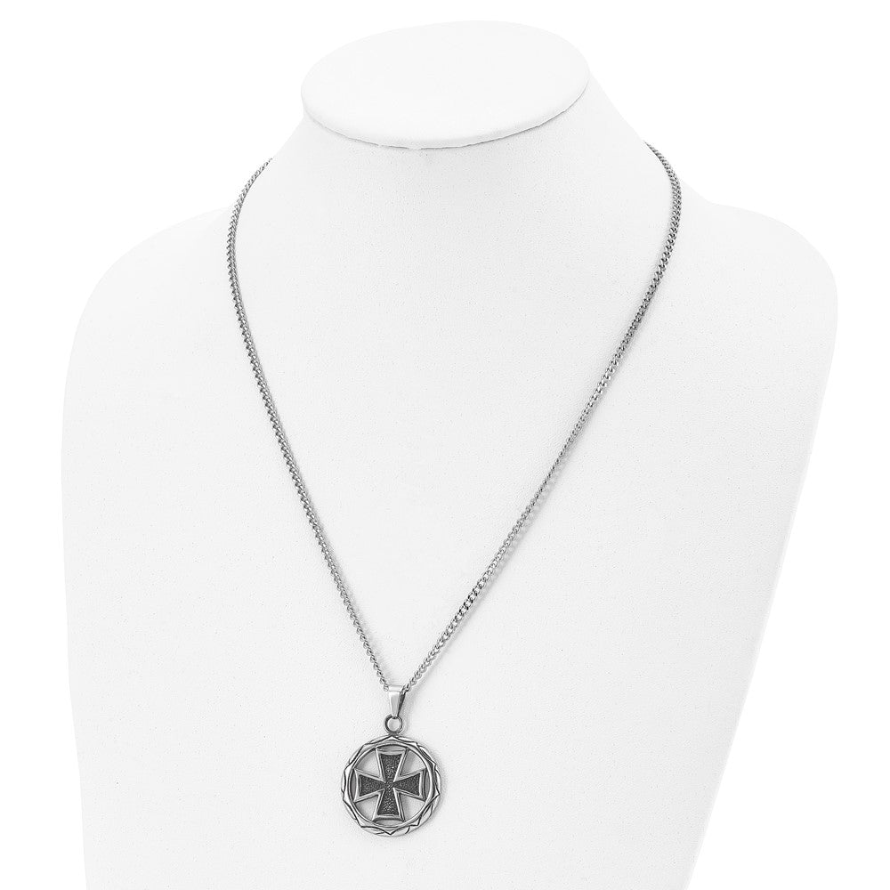 Chisel Stainless Steel Antiqued and Polished Cross in Circle Pendant on a 22 inch Curb Chain Necklace