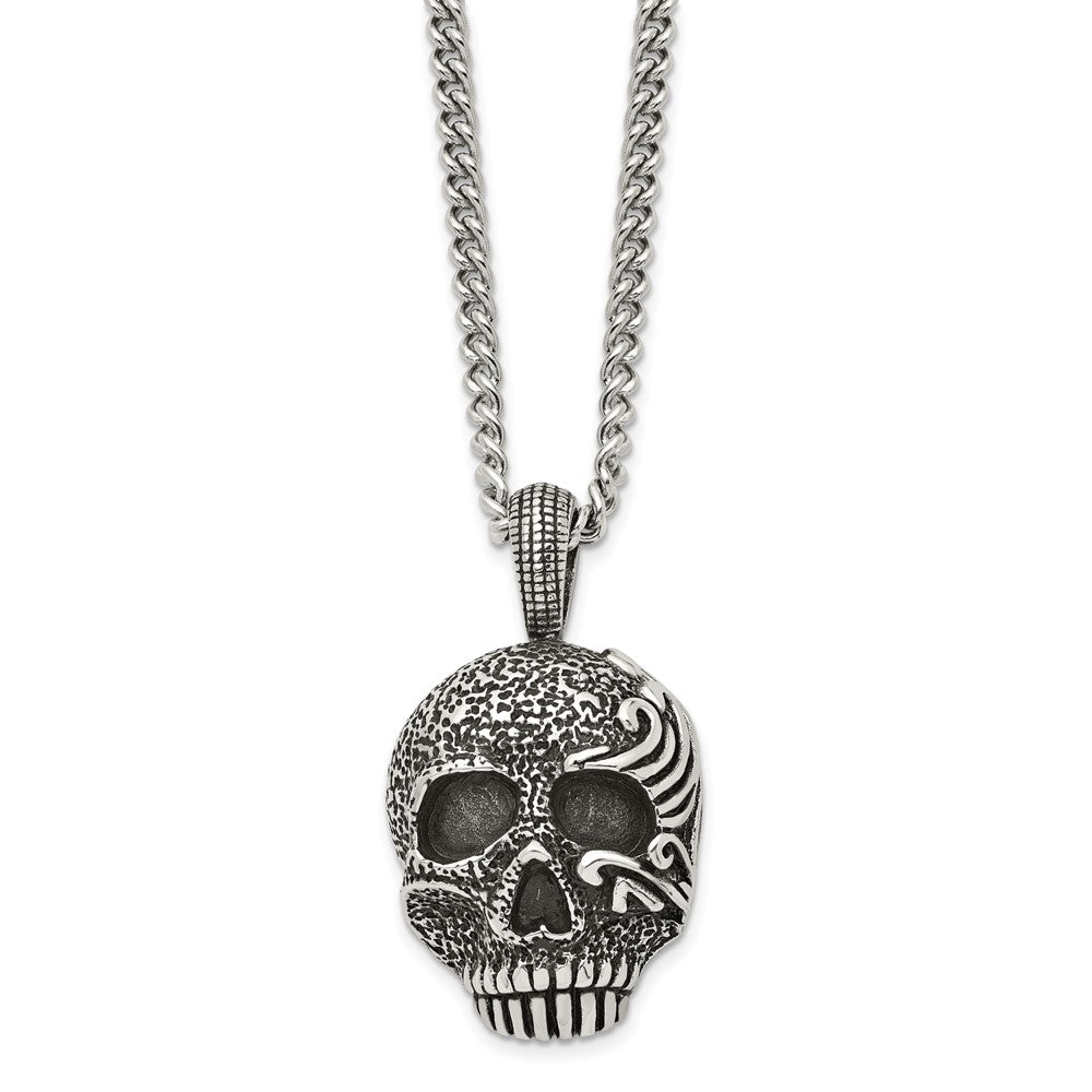 Chisel Stainless Steel Antiqued and Textured Skull Pendant on a 24 inch Curb Chain Necklace