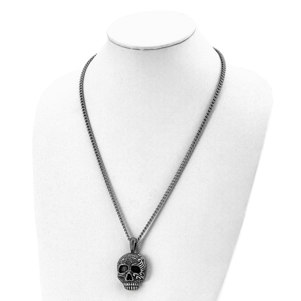 Chisel Stainless Steel Antiqued and Textured Skull Pendant on a 24 inch Curb Chain Necklace