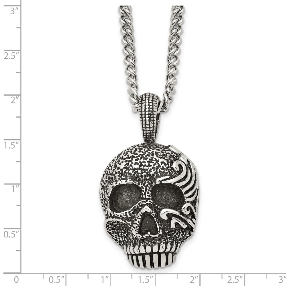 Chisel Stainless Steel Antiqued and Textured Skull Pendant on a 24 inch Curb Chain Necklace