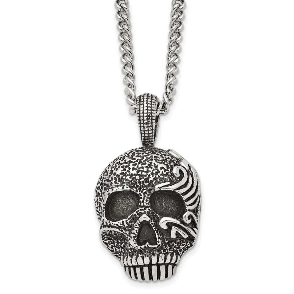 Chisel Stainless Steel Antiqued and Textured Skull Pendant on a 24 inch Curb Chain Necklace