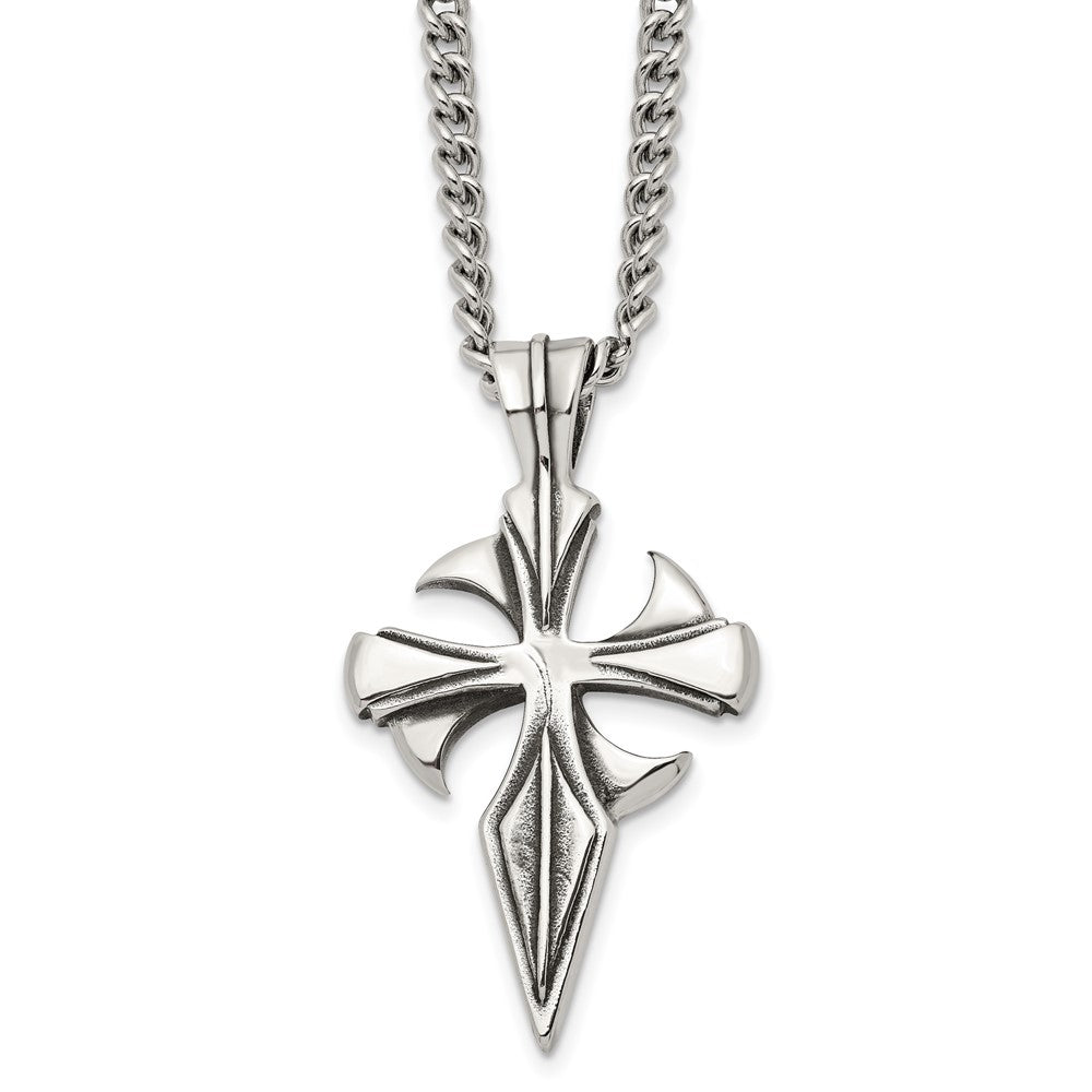 Chisel Stainless Steel Antiqued and Polished Dagger Cross Pendant on a 22 inch Curb Chain Necklace