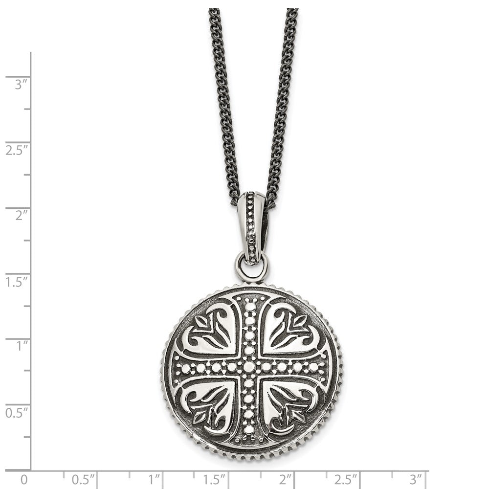 Stainless Steel Antiqued and Polished Cross Circle 22in Necklace