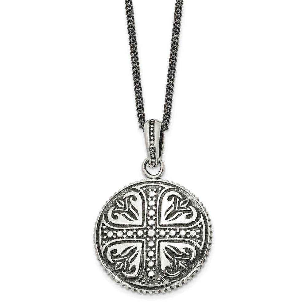 Stainless Steel Antiqued and Polished Cross Circle 22in Necklace