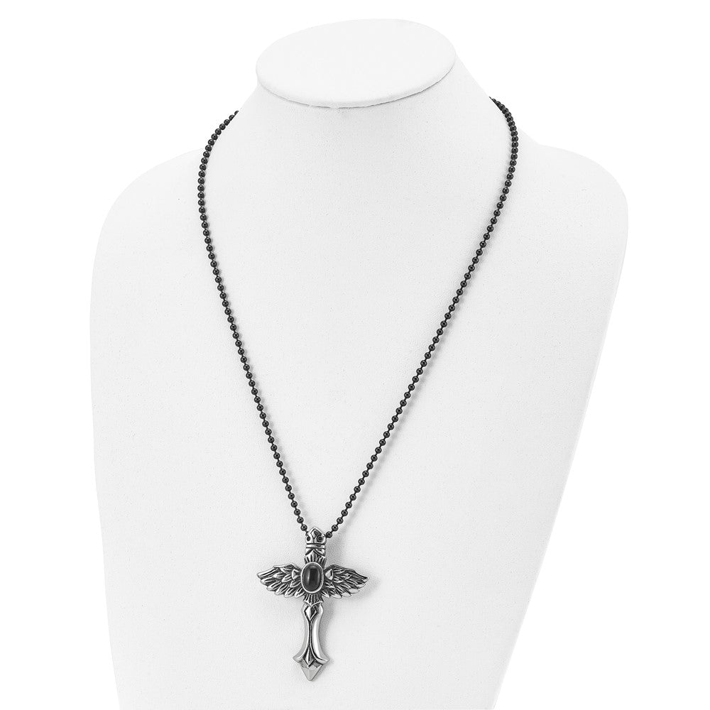 Stainless Steel Antiqued w/Syn Black Agate Cross w/Wings 24in Necklace