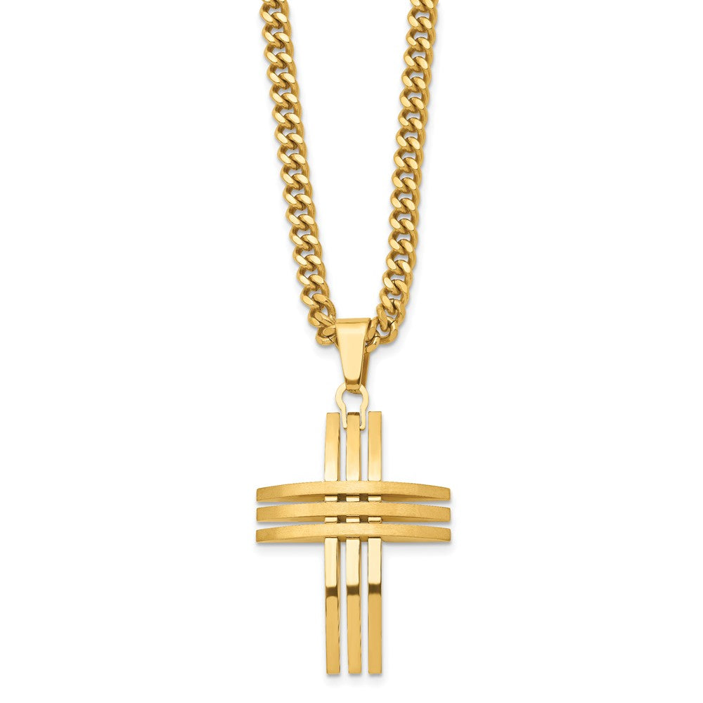 Chisel Stainless Steel Brushed and Polished Yellow IP-plated Cross Pendant on a 24 inch Curb Chain Necklace