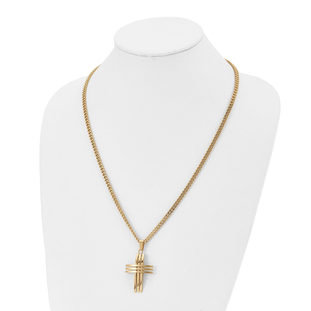 Chisel Stainless Steel Brushed and Polished Yellow IP-plated Cross Pendant on a 24 inch Curb Chain Necklace