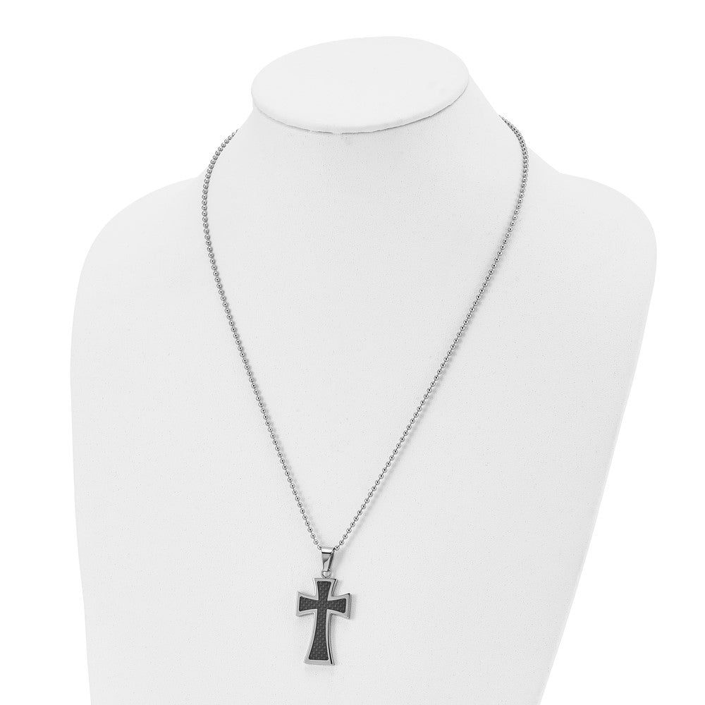 Chisel Stainless Steel Polished with Carbon Fiber Inlay Cross Pendant on a 22 inch Ball Chain Necklace