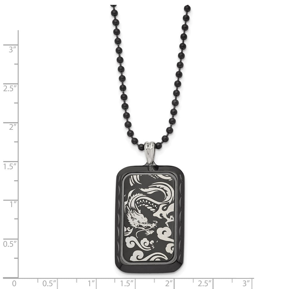 Stainless Steel Polished Black IP-plated Dragon Dog Tag 22in Necklace