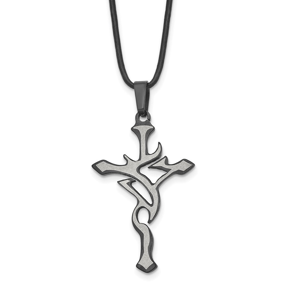 Chisel Stainless Steel Brushed and Polished Black IP-plated Cross Pendant on an 18 inch Leather Cord Necklace