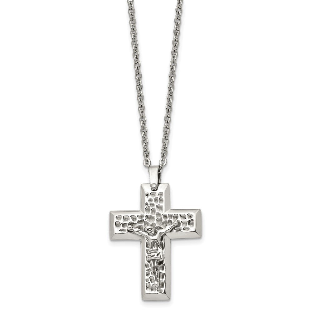 Chisel Stainless Steel Polished and Textured Crucifix Pendant on a 20 inch Cable Chain Necklace